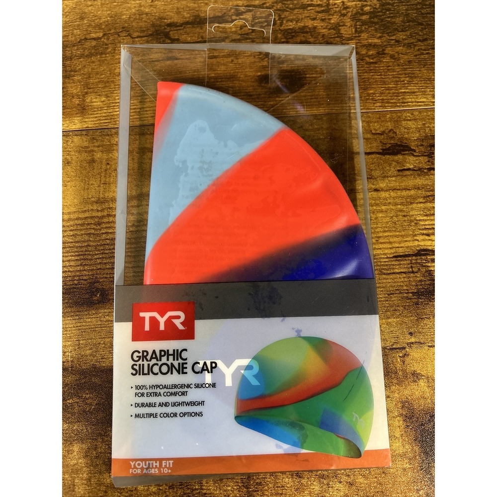 TYR Junior Silicone Swim Cap Multi-Color Tie-Dye Graphic Age 10+ Blue Orange New
